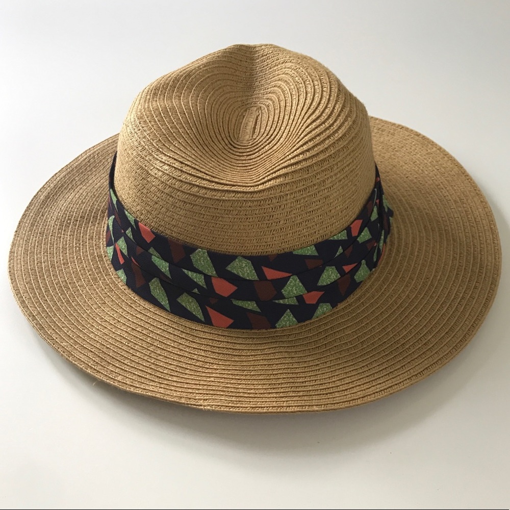 Genie Wide Brim Fedora Panama Hat Patterned Band